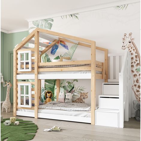 Litera infantil 90x200 cm natural y blanco en madera maciza y MDF con escalera de almacenaje (1/5)