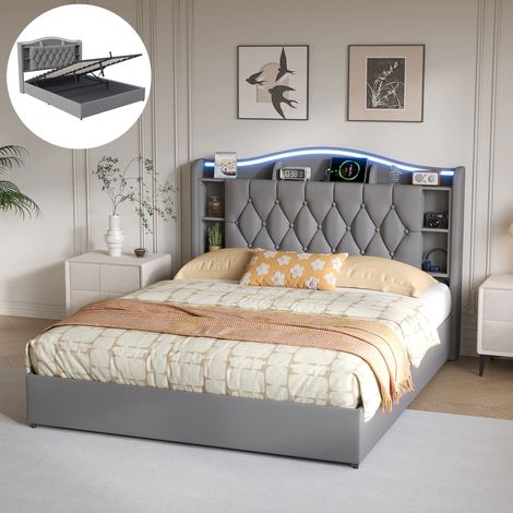 Grand lit 2 places 160x200cm, lit coffre avec LED, Sommier à Lattes, Chargement USB, avec levier hydraulique, velours, Gris
