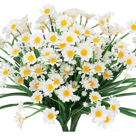 Artificial Daisies Flowers 4Pcs Outdoor Fake Foliage Greenery Faux Plants Shrubs Plastic Bushes for Window Box Hanging Planter Farmhouse Indoor Outside Decor (White) (1/4)