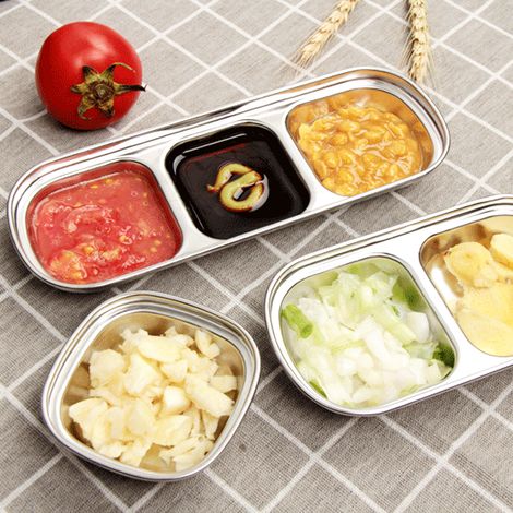 Bol Sauce Inox Trois Cases pour Condiments, Plateau Snack, Bol à Trempette pour Cuisine Maison Hôtel (1/5)