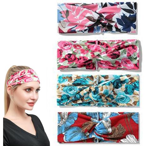 Headband Femme - Bandeau Tissu Coton Élastique Boho 24 x 8 cm - Pour Cheveux - Lot de 4 (1/5)