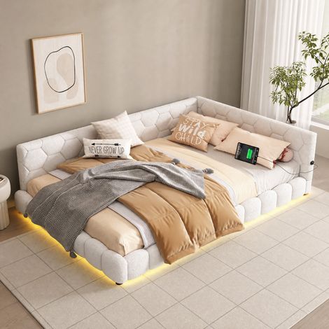 Cama de día 140 x 200 cm con somier, luz ambiental 16 colores, USB y Type-C, blanco HAVRYA (1/5)