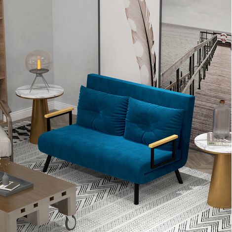 Sofá cama sillón relax de terciopelo azul, respaldo reclinable 5 posiciones, 102x73x81 cm, OKWISH (1/5)