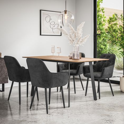 Haydon Extending Dining Table And Chairs -  Oak Effect Table Top w Black Legs + Anika Velvet Dining Chair Set Of 4 (Black) (1/5)