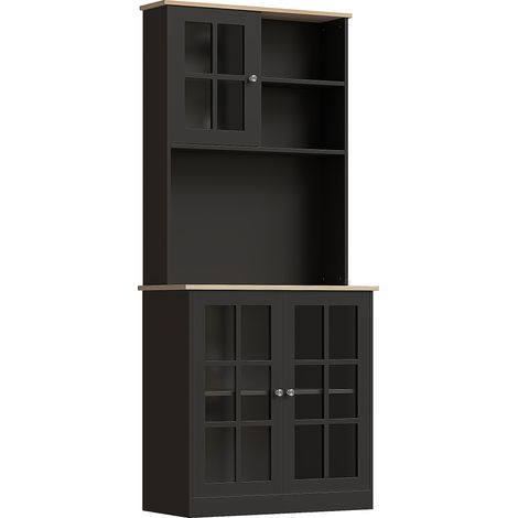 Küchen-Sideboard, hoher Küchenschrank mit Arbeitsplatte, 3 Glastüren, 2 Nischen und verstellbaren Einlegeböden, 80 x 37 x 183 cm, Eiche schwarz