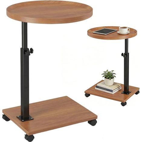 Table d'appoint avec roulettes - En bois de forme ronde - Réglable en hauteur - Rotation à 360° - Finition noyer - Pour canapé - Couleur bois (1/5)
