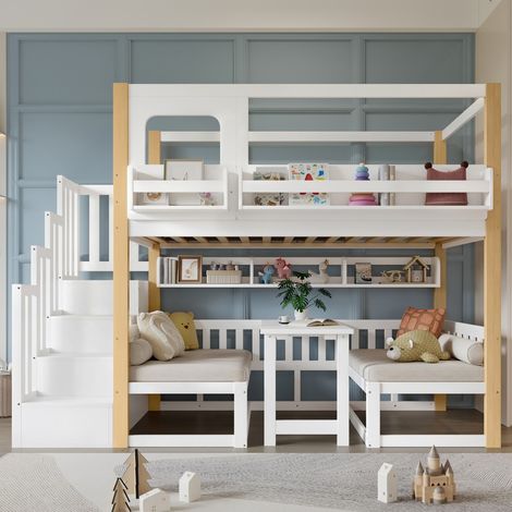 Lit superposé enfant 90x200 cm - Bureau pliable réglable et escalier de rangement - Blanc et Naturel (1/5)