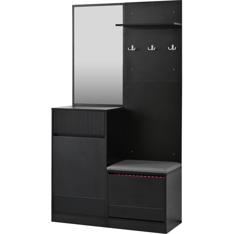 Multifunktionale schwarze Garderobe mit Schuhschrank, Spiegel, Bank und LED (1/5)