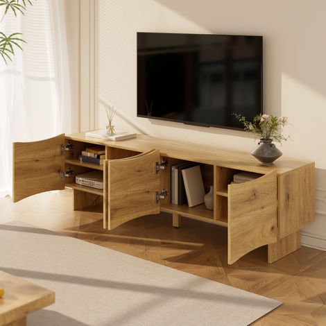 Mobile porta TV effetto legno con contenitore, 4 ante, mobile basso per soggiorno e camera da letto, 155×36×47cm, naturale (1/5)