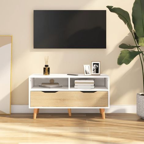 Mobile TV Bianco e Rovere Sonoma 90x40x48,5cm Legno Multistrato (1/5)