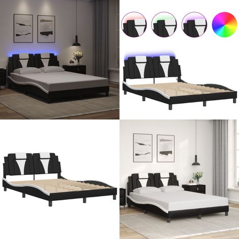 Cadre de lit avec LED sans matelas noir et blanc 140x190 cm - Lit Plateforme - Lit Design - Cadre Lit - Lit Double - Tête De Lit Intégrée - Home & Living (1/5)