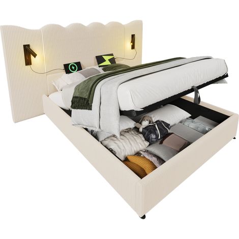 Letto matrimoniale contenitore 180x200 in tessuto cord beige-bianco con testiera ondulata, lampada orientabile e porte USB Type-C, ideale per camera da letto  CHICFURN (1/5)