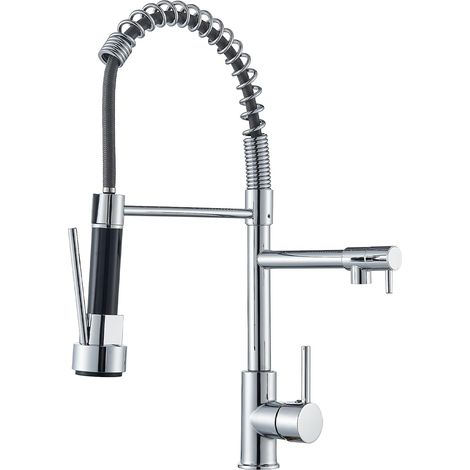 Rubinetto da cucina con due getti, miscelatore monocomando, doccetta estraibile a doppia funzione, girevole a 360°, acqua calda e fredda disponibili, ottone cromato. (1/5)