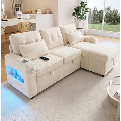 Ecksofa mit Schlaffunktion 206x131x85 cm Beige Chenille mit Stauraum, LED und USB (1/5)