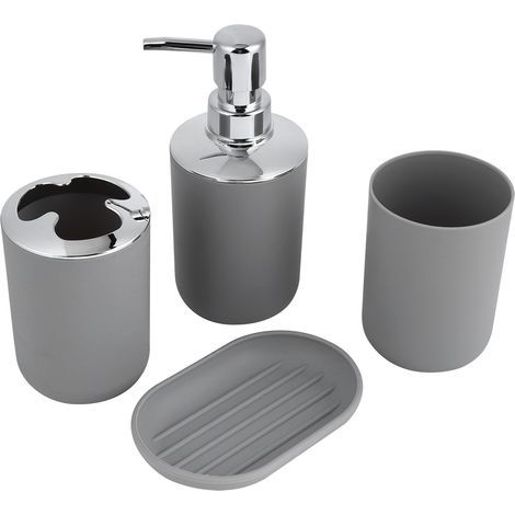 4-teiliges Badezimmer-Set mit Zubehör: Plastikflasche, Aufbewahrungsbecher, Spülbecher, Seifenschale, Grau (1/5)