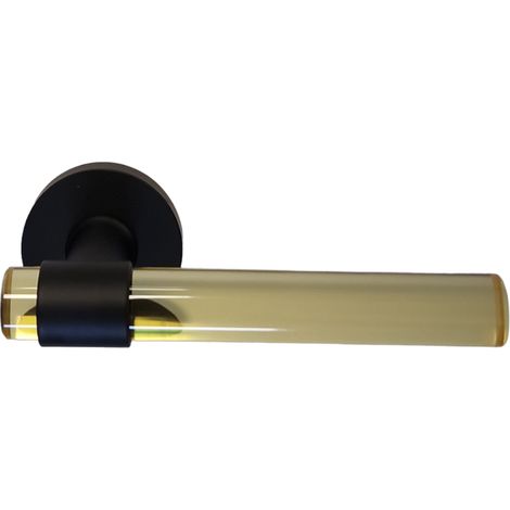 Par de tiradores de puerta "JOY" con tubos de cristal AMARILLO y pies de acero inoxidable negro  Sin rosetas de función