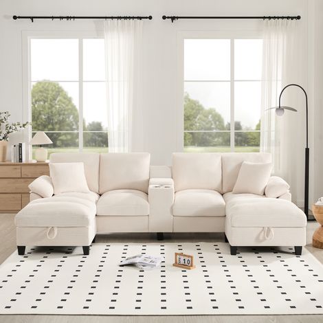 Canapé spacieux U 4 places avec rangement,velours côtelé surdimensionné,porte-gobelets inox et 2 ports USB,pour salon,chambre et appartement