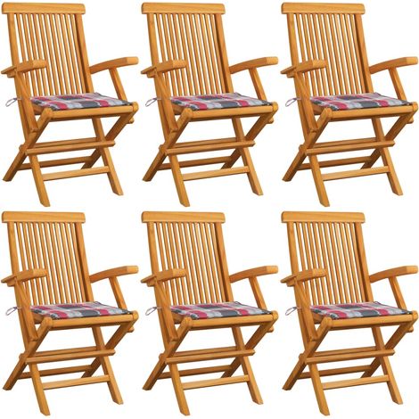 Chaises de jardin et coussins à carreaux rouge lot de 6 Teck (1/5)