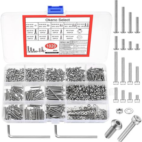 1020 Pièces Vis M2.5 avec Écrous, Set Vis à Tête Cylindrique Six Pans Creux, Assortiment Vis Machine en Acier Inoxydable avec Rondelles (1/5)