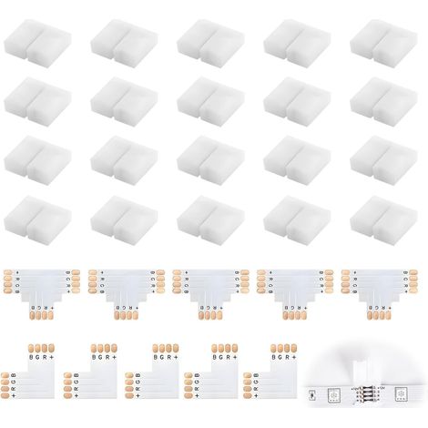 30 Pièces Connecteur Ruban LED 4 broches, Blanc connecteur sans espace Comprend 5 Connecteurs En Forme De L 5 Connecteurs En Forme T 10 pinces à ruban lumineux pour bandes lumineuses LED multicolores (1/5)