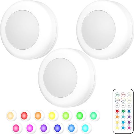 Longziming - Lot de 3 spots LED RGB pour meubles – Éclairage sans fil sous meuble avec télécommande – Veilleuses à intensité variable avec minuterie – Spots ronds à piles pour cuisine, dressing et éta (1/5)