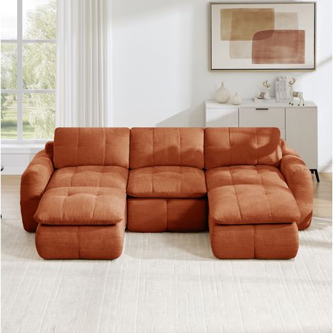 Modulares U-Sofa 264/160/68 cm in Orange aus Chenille mit 2 Hockern (1/5)
