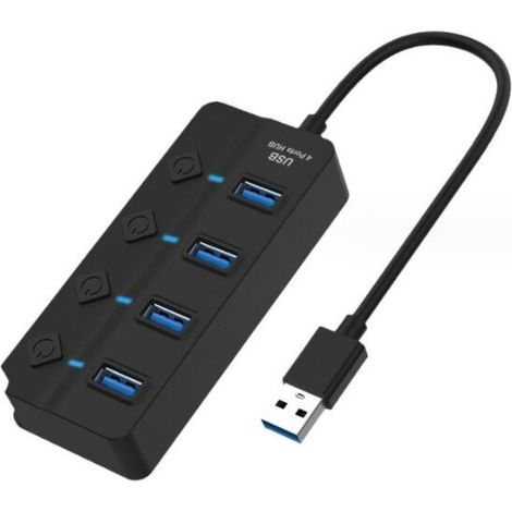 1PC noir 4 Ports Hub USB 3.0, 4 Ports USB 3.0 5Gbps Adaptateur Hub Voyants de Commutateurs d'alimentation Individuels avec Compatible avec Macbook, iMac, Notebook PC