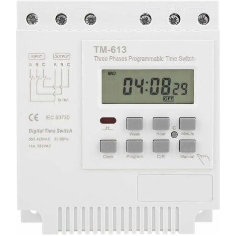 Minuterie programmable 380V – 16A triphasée hebdomadaire – 17 réglages ON/OFF – Écran LCD – Montage rail DIN 35mm - 50-60Hz (1/4)