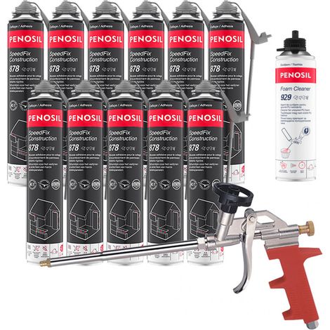 Pack 11 Mousses colle universelle SpeedFix Construction 878 pistolable 690ml PENOSIL + Nettoyant FoamCleaner929 500ml + Pistolet