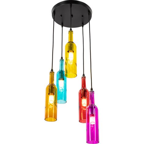 Lustre coloré en bouteilles de bière, lustre en verre à 5 branches pour bars, cafés et salles à manger, Luminaire (1/5)
