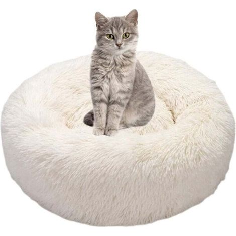 Rundes, flauschiges Hunde- und Katzenbett – beruhigendes Anti-Stress-Plüschkissen für Katzen und Hunde, bequemes, waschbares Donut-Bett für Katzen, kleine und mittelgroße Hunde (weiß)