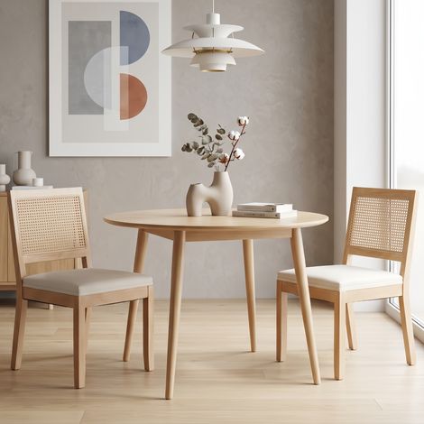 Lot de 2 Chaises Bois Massif et Cannage Beige - Chaise rétro mid-century - Chaise de Cuisine Confortable avec Ressorts (1/5)