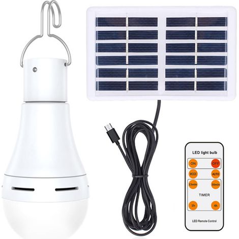 Ampoule LED solaire pour intérieur et extérieur, lampe de secours portable pour marchés nocturnes et camping, avec télécommande, modes réglables et minuterie, étanche IP65. (1/5)