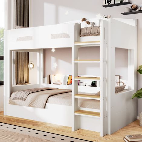 Modernluxe - Lit superposé 90 x 200 cm - avec barrière de sécurité et échelle - avec port USB et étagère - MDF - Blanc (sans matelas) (1/5)