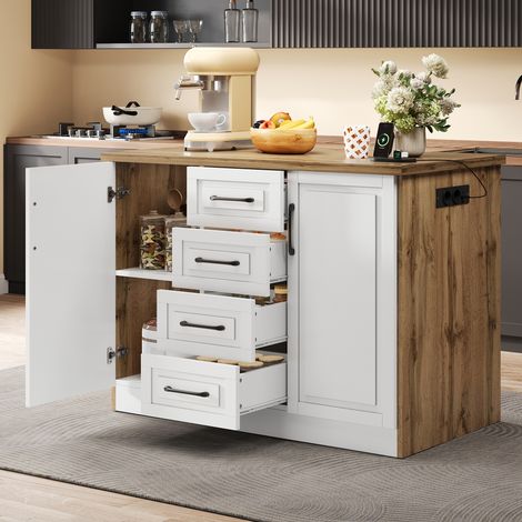 4 Tiroirs - Îlot Central de Cuisine pour Rangement et Préparation avec Prises Intégrées - 120x60x90 cm (1/5)