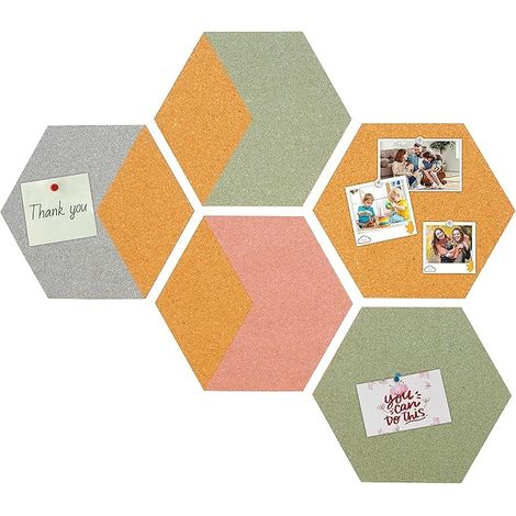 Self Adhesive Wall Cork Board - 5 Hexagon Panels 18×20cm (6mm Thickness) - (6 Push Pins + 6 Clips) - Moldboard/Moldboard, Home