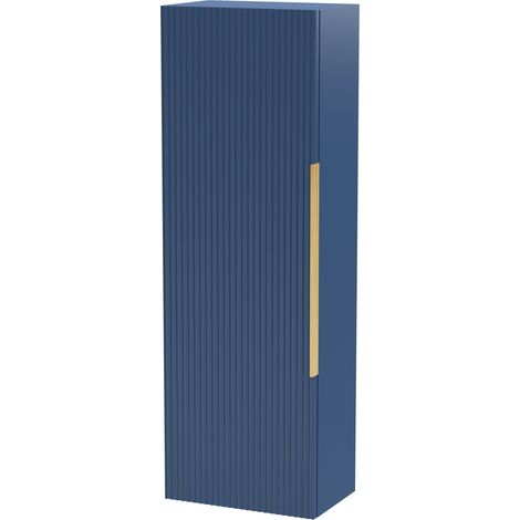 Fluted Front Wall Hung Single Door Tall Bathroom Storage Unit, 400mm, Blue, Brushed Brass Handle (1/5)
