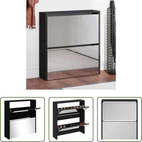 Schuhregal - Schuhschrank mit Spiegel 2 Fächer Schwarz 63x17x67 cm (1/5)