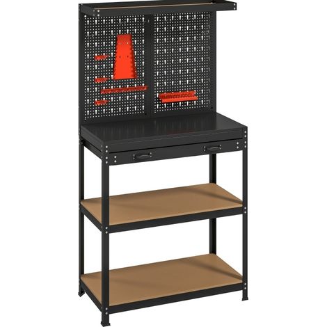 Établi de travail avec panneau perforé, crochets, tiroir et 2 étagères, structure métal et plateau MDF noir pour atelier, garage et bricolage - CHICFURN (1/5)