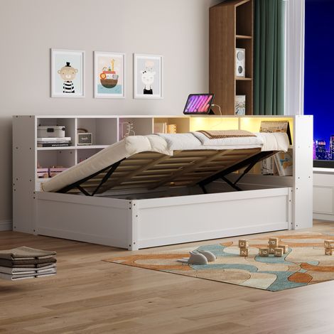 Lit banquette 90x200 cm blanc en bois de pin avec rangement, LED et prise intégrée (1/5)