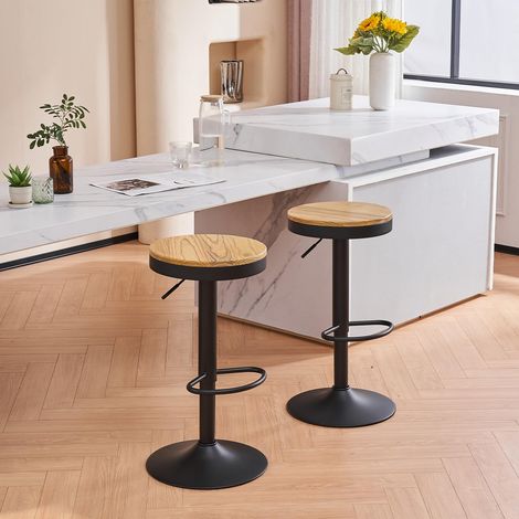 Tabouret Bar Bois Rond Chaises Haute de Bar Assise Ilot Central Cuisine Siege Bar Lot de 2 Vintage Reglable Rotation Metal Pivotante Noir (1/5)