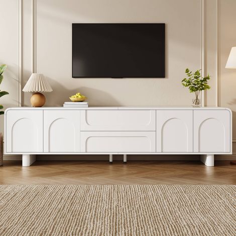 Meuble TV 180 cm, meuble bas avec 4 portes motif arche et 2 tiroirs, angles arrondis et passe-câbles, en MDF, pour salon, Blanc (1/5)