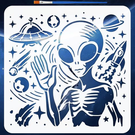Pochoir Alien avec Pinceau 30x30cm Grands Pochoirs Univers Planète Aliens Pochoir Alien Saluant Bonjour Modèles de Dessin Réutilisables PET pour Peinture sur Mur Sol Bois Meubles (1/5)