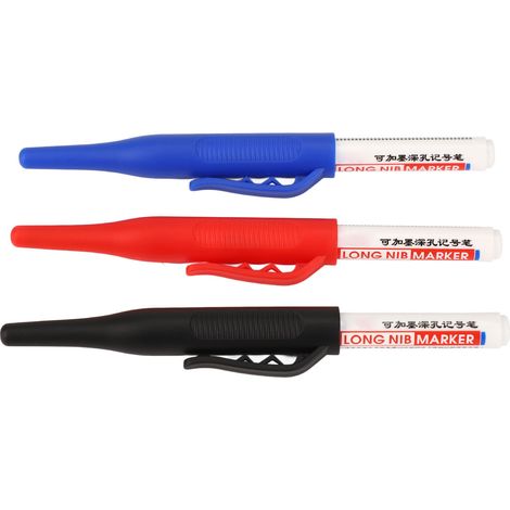 Lot de 3 marqueurs à pointe longue et trou profond, étanches et rechargeables, 30 mm, avec clip pour stylo, rouge, bleu et noir. (1/5)