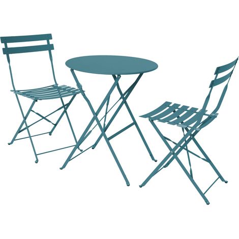 Sweeek – Ensemble table et chaise de jardin pliant – 2 assises bleu canard – Acier thermolaqué Ø60 x H71 cm – Confort optimal avec lattes incurvées