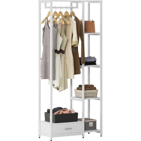 Soges – Portant à vêtements en acier et MDF 180 cm – Étagères ouvertes 4 niveaux – Tiroir fermé étanche à la poussière – Économie d'espace (1/5)