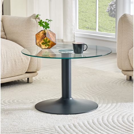 Tavolino rotondo Ø70 cm in vetro temperato con struttura in metallo, tavolino laterale per divano, design moderno, nero (1/5)