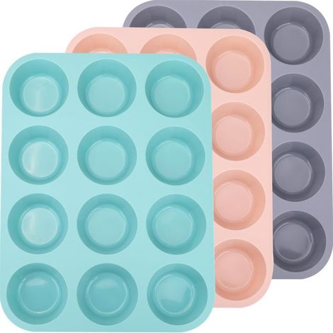 Juego de 3 moldes de silicona para magdalenas, 12 piezas en total (antiadherentes, tamaño estándar para magdalenas, tartaletas y pan). (1/5)