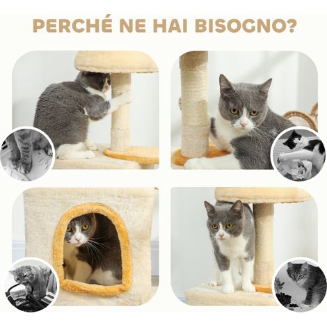 Arbre à chat avec coussin d'observation et cabane, bois naturel, peluche et sisal, 72x30x40 cm, ton beige et jaune