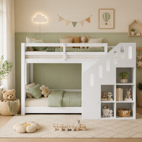 Litera infantil 90x200 cm de madera y MDF blanco con almacenaje sin colchones - CHICFURN (1/5)